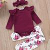 3PCS Newborn Baby Girls Tops Romper Floral Pants Headband Outfits Set Clothes