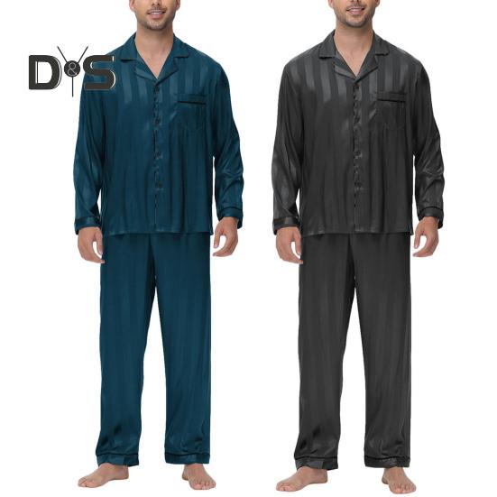 2 шт./компл. Шелковый атласный мужской пижамный комплект с пуговицами, длинными рукавами, верхом из пижамы с воротником-стойкой, пуговицами спереди, нагрудным карманом, длинными штанами, одежда для сна