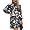 Women Printed Dress with Waistband Long Sleeves Half High Collar Dress Pleated Hem Short Dress