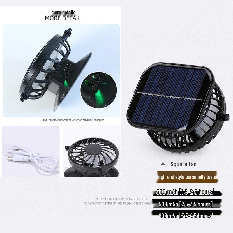 Solar-Powered Rechargeable Hat Fan: Three-Speed Adjustable, 800mAh Battery, Compact Cooling Solution.