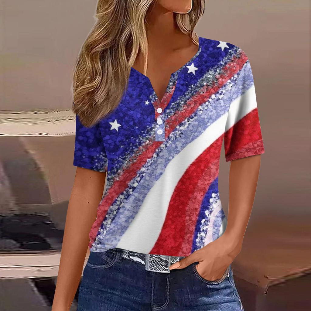 Women's Casual Independence Day Printed V-Neck Short Sleeve Embellished Button T-Shirt Top