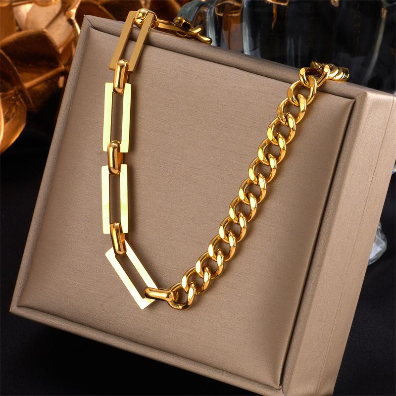 Stainless Steel Gold Color Geometric Chain Necklace Bracelet for Women Girl Jewelry Set