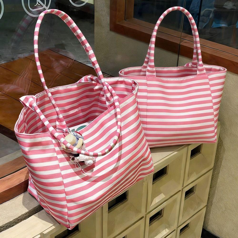 1Pcs Durable Large Capacity Canvas Shoulder Bag Striped Simple Top-Handle Handbag Travel Casual Striped Tote Bag