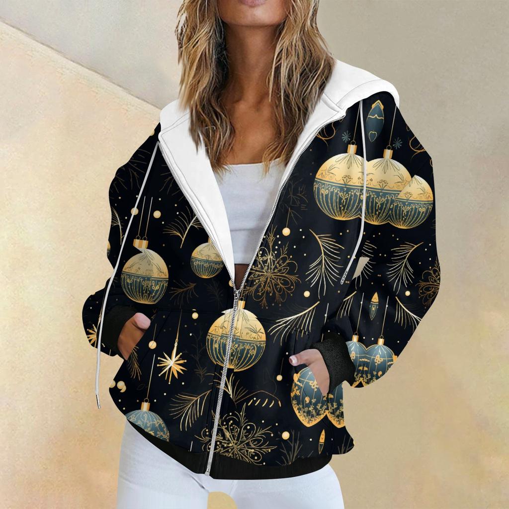 Женская модная повседневная толстовка с рождественским принтом и длинными рукавами, карманная куртка, пальто с капюшоном на молнии