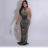 European and American Women's Sleeveless Halter Neck Mesh Dress with Pearls and Hot Diamonds for Evening Party Banquets
