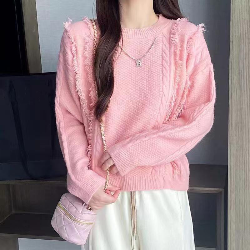 Осень и зима 23 новый женский вязаный свитер с круглым вырезом модный дизайн чувство бахрома короткий длинный рукав свободный свитер женщины