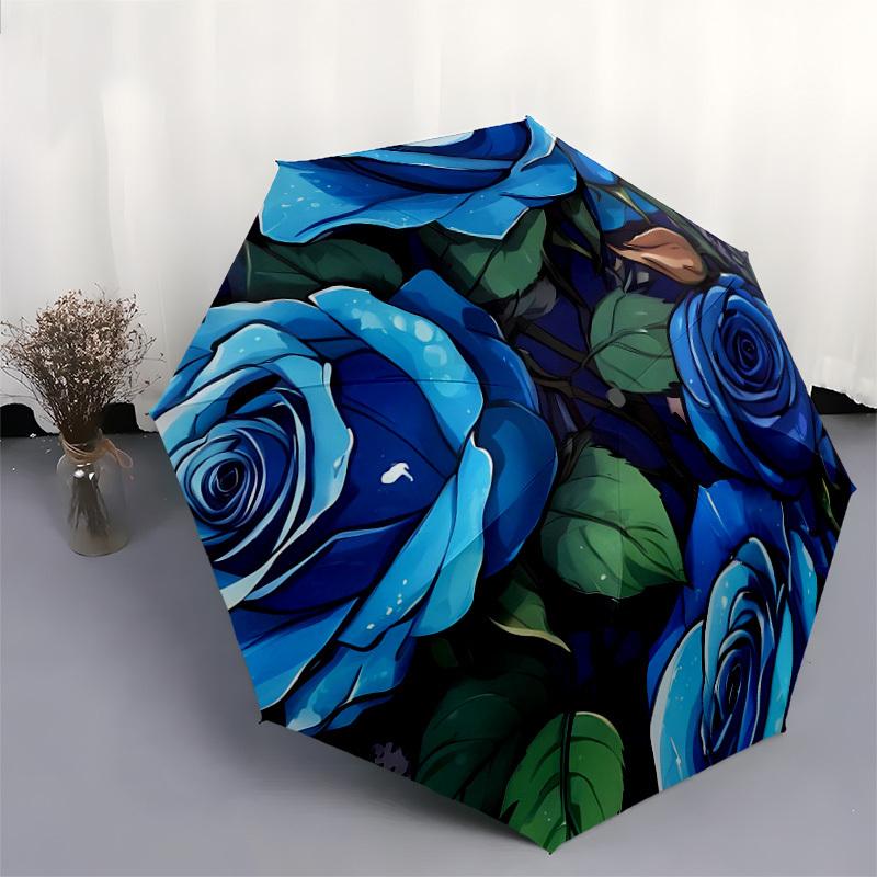 1pc Blue Rose Garden Umbrella with Plastic Handle,Suitable for All Seasons Home Travel Outdoor UmbrellaDD148