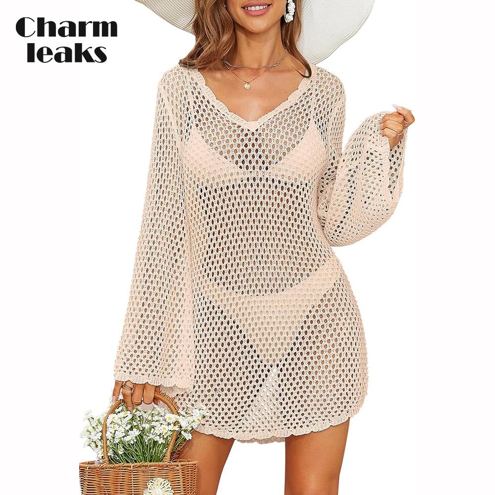 CHARMLEAKS Женский вязанный крючком купальник, накидка с рукавами-колокольчиками, пляжные накидки с открытой спиной, накидка на купальный костюм с зубчатым краем, бикини, купальник