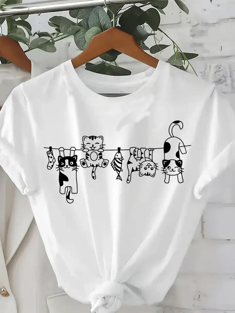 Anima 90s Unisexga Climbing Cute Cat Design Pattern Printed Unisexs Tshirt Round Neck Short Sleeve Unisexs Fashion Clothing Top