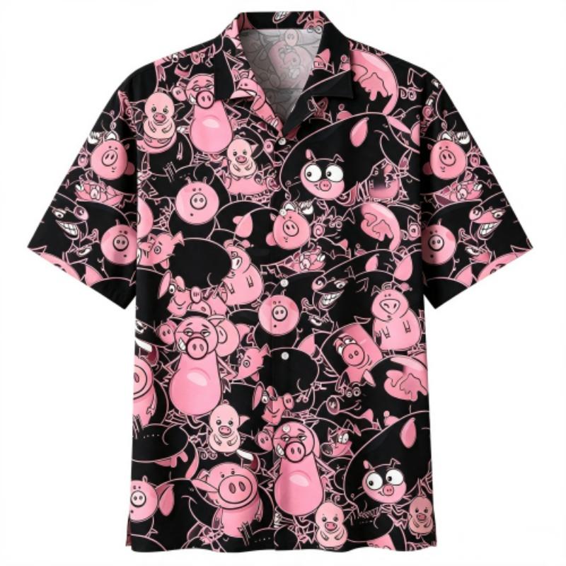Animal Pink Pig Printing Shirt Hawaiian Beach Vacation Clothing Men's Street Style Shirt Daily Men's and Women's Shirt