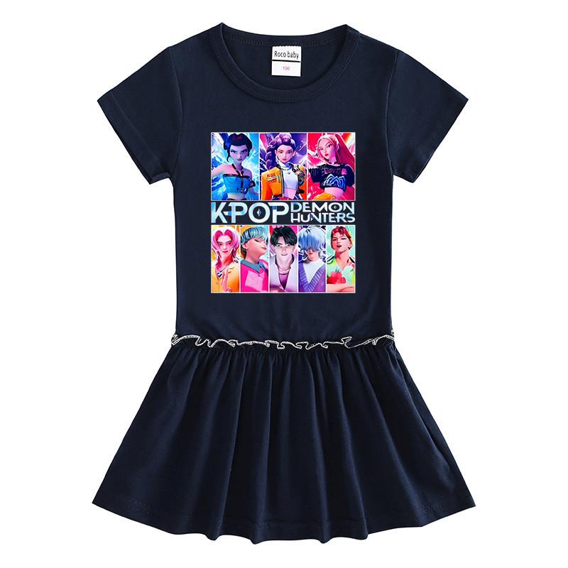 Girls Kpop Rumi Mira Zoey Hunters Print Raglan Sleeves Ruffle Dress
