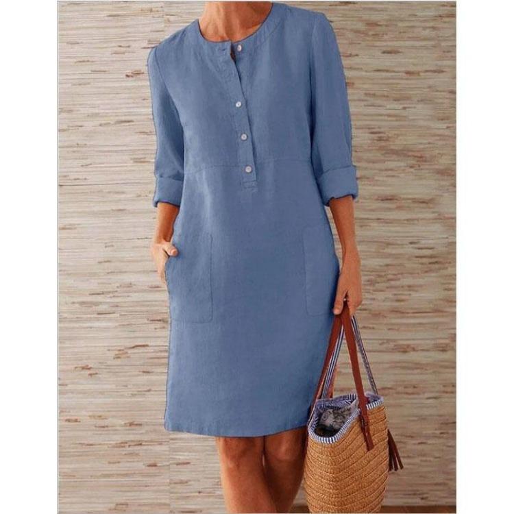 Plus Size Women Long Sleeve Ruched Dress with Pockets Cotton Linen Blend Casual Party Knee Length O Neck Solid Color Dress