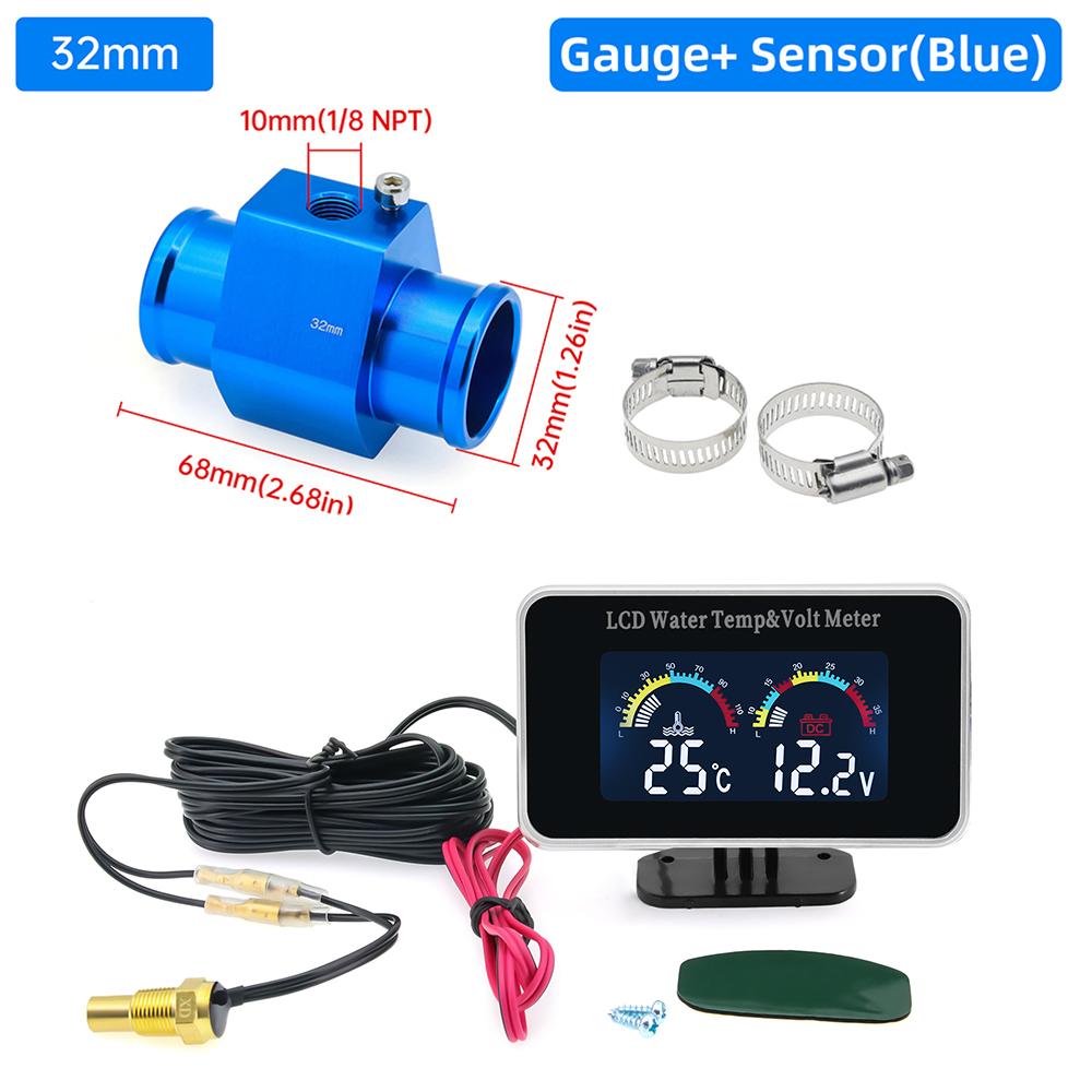 Digital 2 In 1 Water Temperature Meter Voltmeter Car LCD Water Temp Gauge Voltage Meter With 26~40mm Adapter (Option) 12V 24V