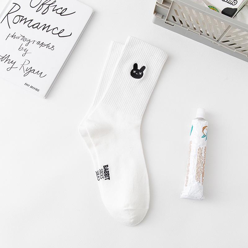 Women's Mid-Tube Cotton Socks - Black & White Japanese Embroidered Design for Autumn/Winter