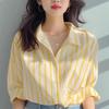 Женская полосатая рубашка молочного и желтого цвета, европейский стиль, модная блузка на весну/осень, защита от солнца для побережья