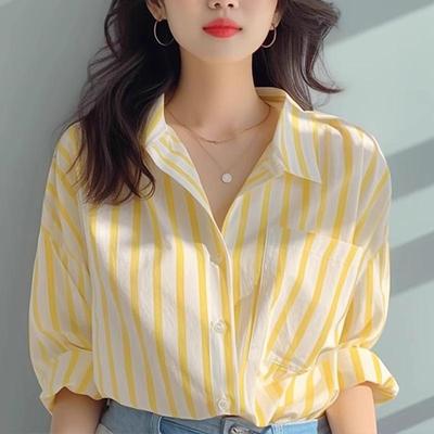 Женская полосатая рубашка молочного и желтого цвета, европейский стиль, модная блузка на весну/осень, защита от солнца для побережья