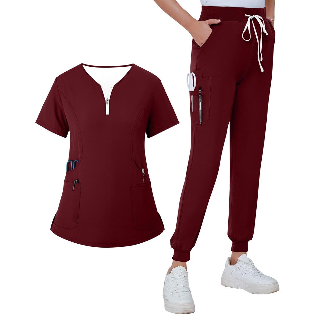 Women's Summer V-neck Zippered Loose Uniform With Pockets And Short Sleeves
