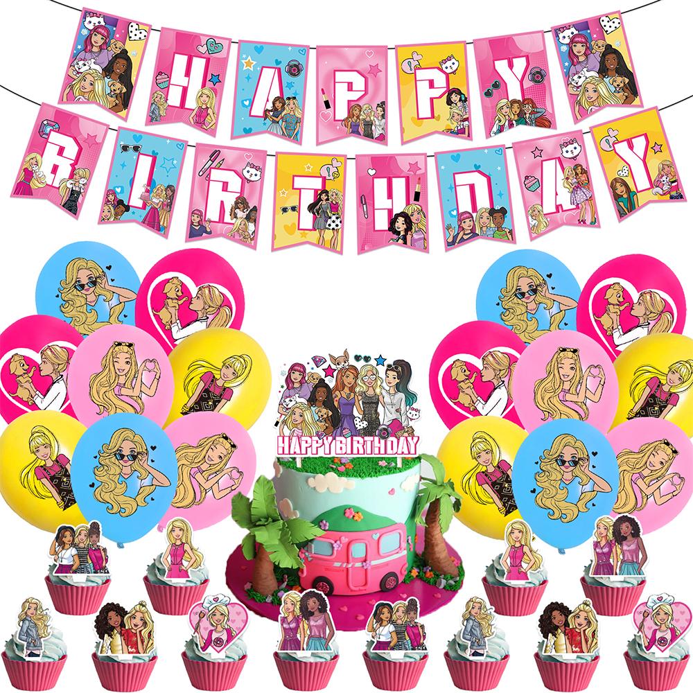 30pcs Pink Barbie Princess Party Decoration Includes Banner Cake Topper Balloons