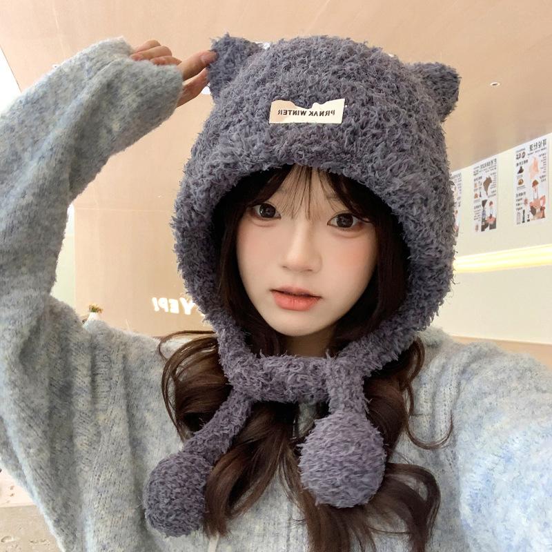 Осенне-зимняя шапка женская милая с медвежьими ушками вязаная шерстяная шапка зимняя теплая плюшевая шапка с защитой ушей толстая