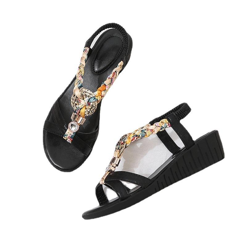 Large size wedge heel sandals women's 2025 summer new European and American ethnic style foot cover beaded rubber sole women's sandals