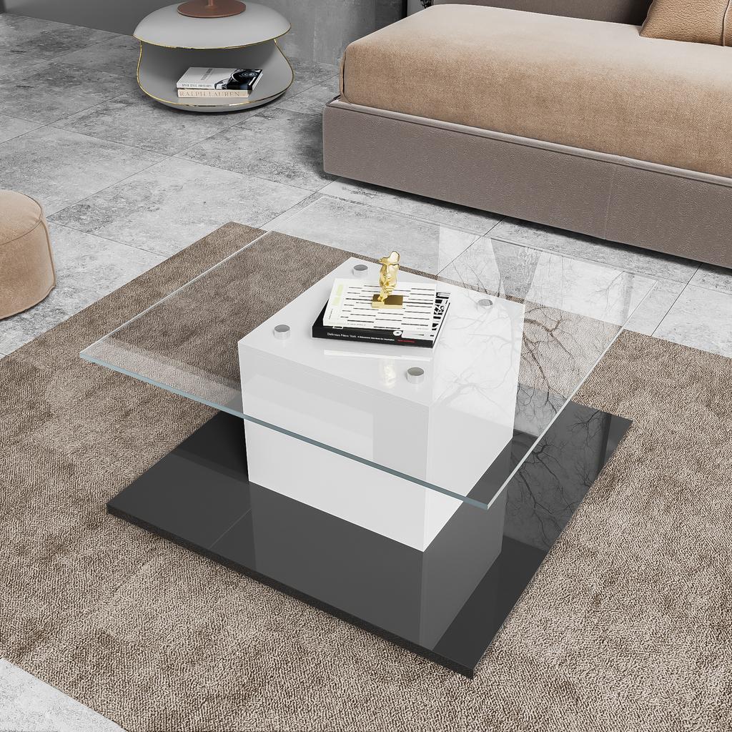 Coffee Table, Coffee Table made of High-Gloss Glass, Movable Coffee Table with Swivel Casters