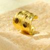 GEMCHIC Women's Gold Plated Stainless Steel Wide Band Ring with Double Tiger Eye Stones, Adjustable Textured Fashion Statement Jewelry
