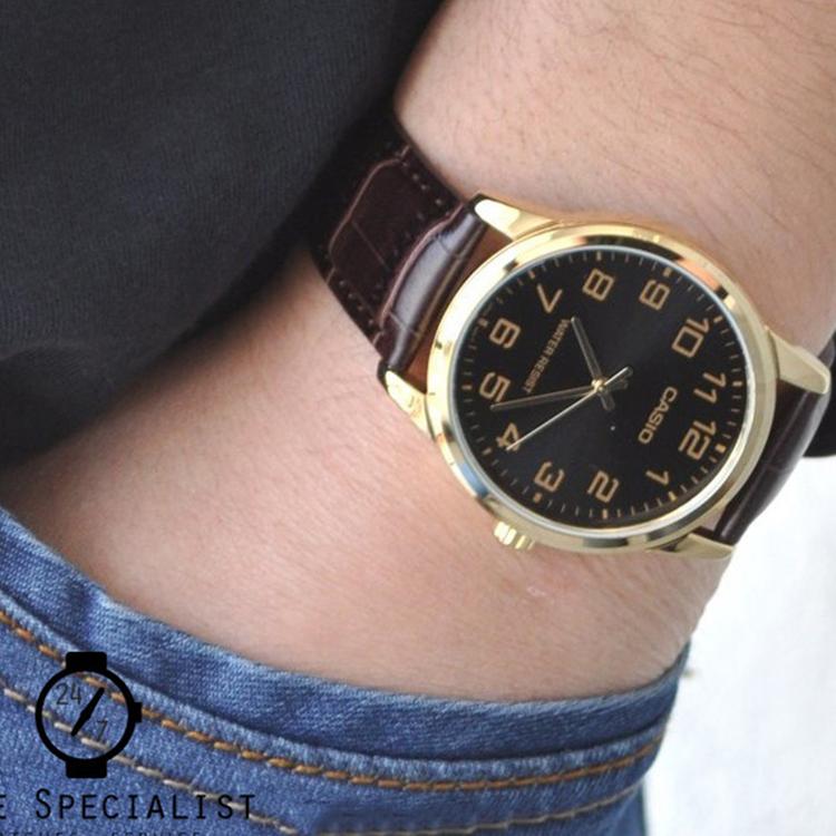 Casio Серия платьев Минималистичная мода Модный Деловой повседневный Классический Цифровые весы с указателем Водонепроницаемый Кварцевый механизм Кожаный ремешок MTP-V001GL-1B