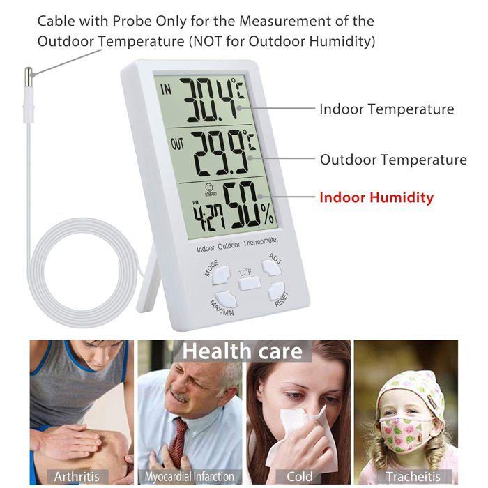 Thermomètre hygromètre digital intérieur/extérieur avec sonde - écran LCD, mémoire Min/Max, blanc