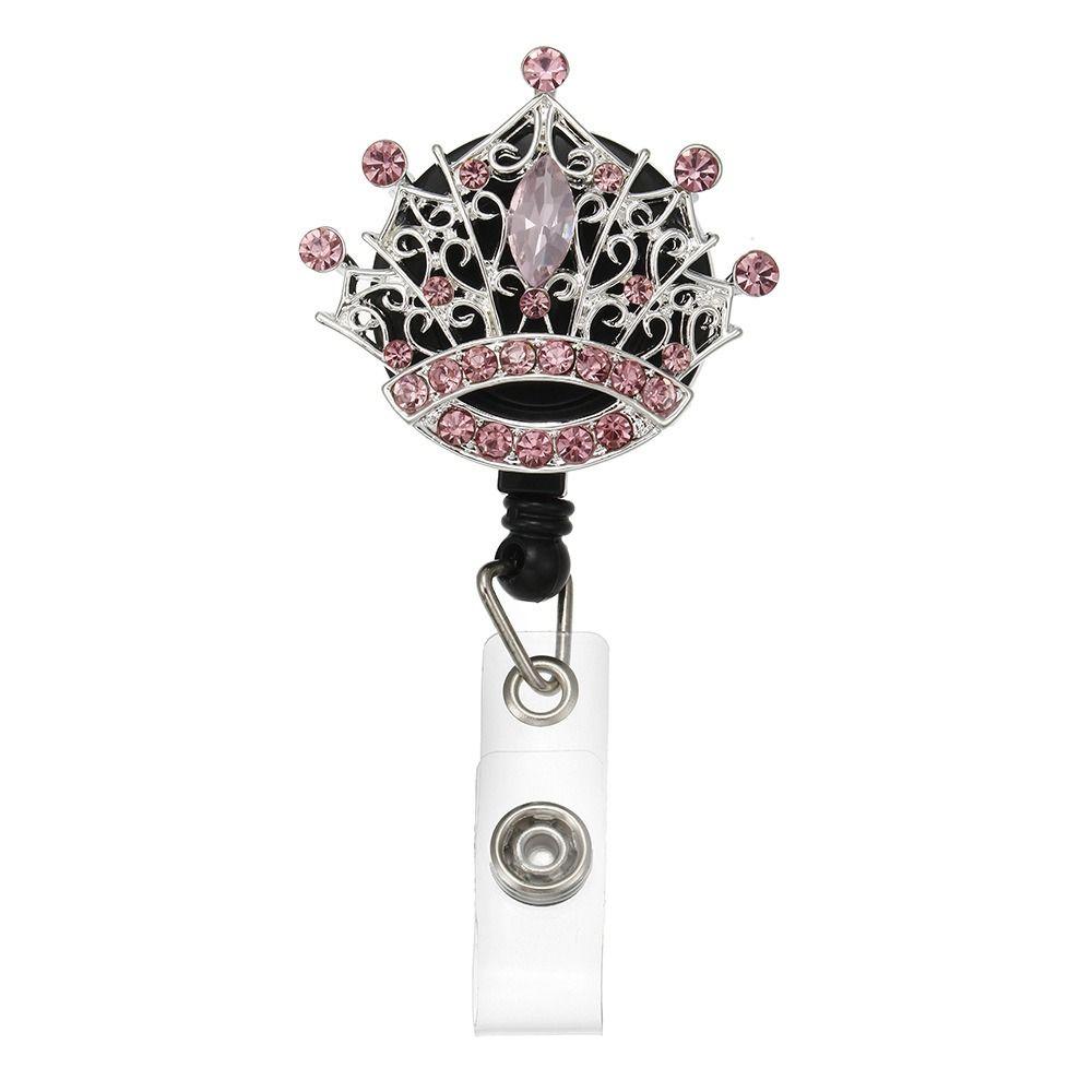 Rhinestone Crown Badge Reel Easy-pull Diamond ID Card Holder Rotation Name Card Retractable Badge Holder Office Accessories