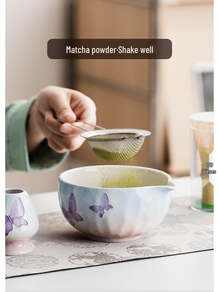 Handmade Japanese Cherry Blossom Matcha Bowl with Whisking Tool, Imitation Song Dynasty Tea Stirrer, and Hyakuhon-date Chasen Stand