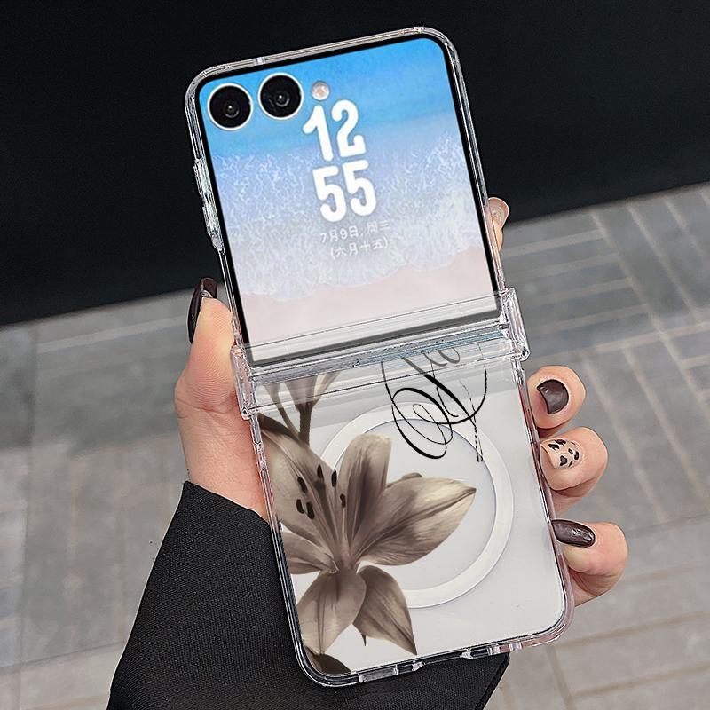 Чехол с принтом «Роскошные цветы» для Samsung Galaxy Z Flip 8 7 FE 6 5 Z Flip8 Flip7 Flip6 Магнитный Прозрачный Жесткий ПК Складной Чехол для Телефона