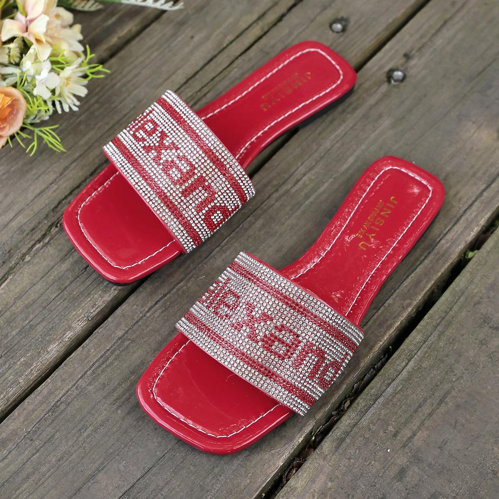 2025 direct sales 2025 new rhinestone one-word cool slippers embroidered D home thick heel slippers flat bottom cool slippers outer wear