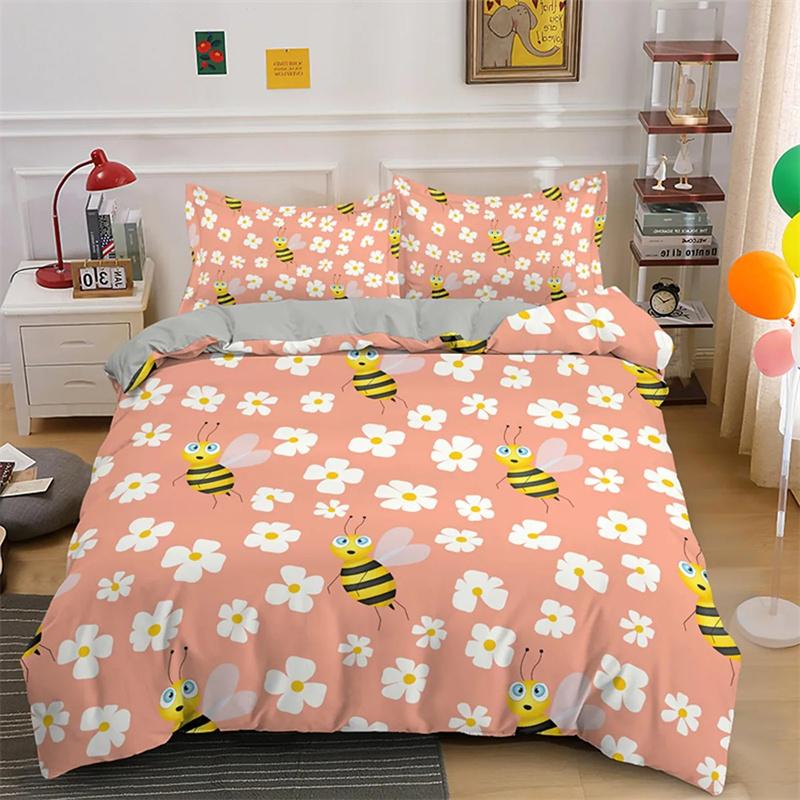 Cartoon Bee Duvet Cover Lovely Yellow Flying Animals Theme for Kids Boys Girls Gifts Women Beautiful Flowers Bedroom Decoration