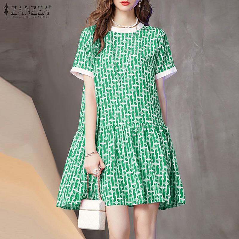 ZANZEA Женское повседневное платье с коротким рукавом и круглым вырезом с принтом
