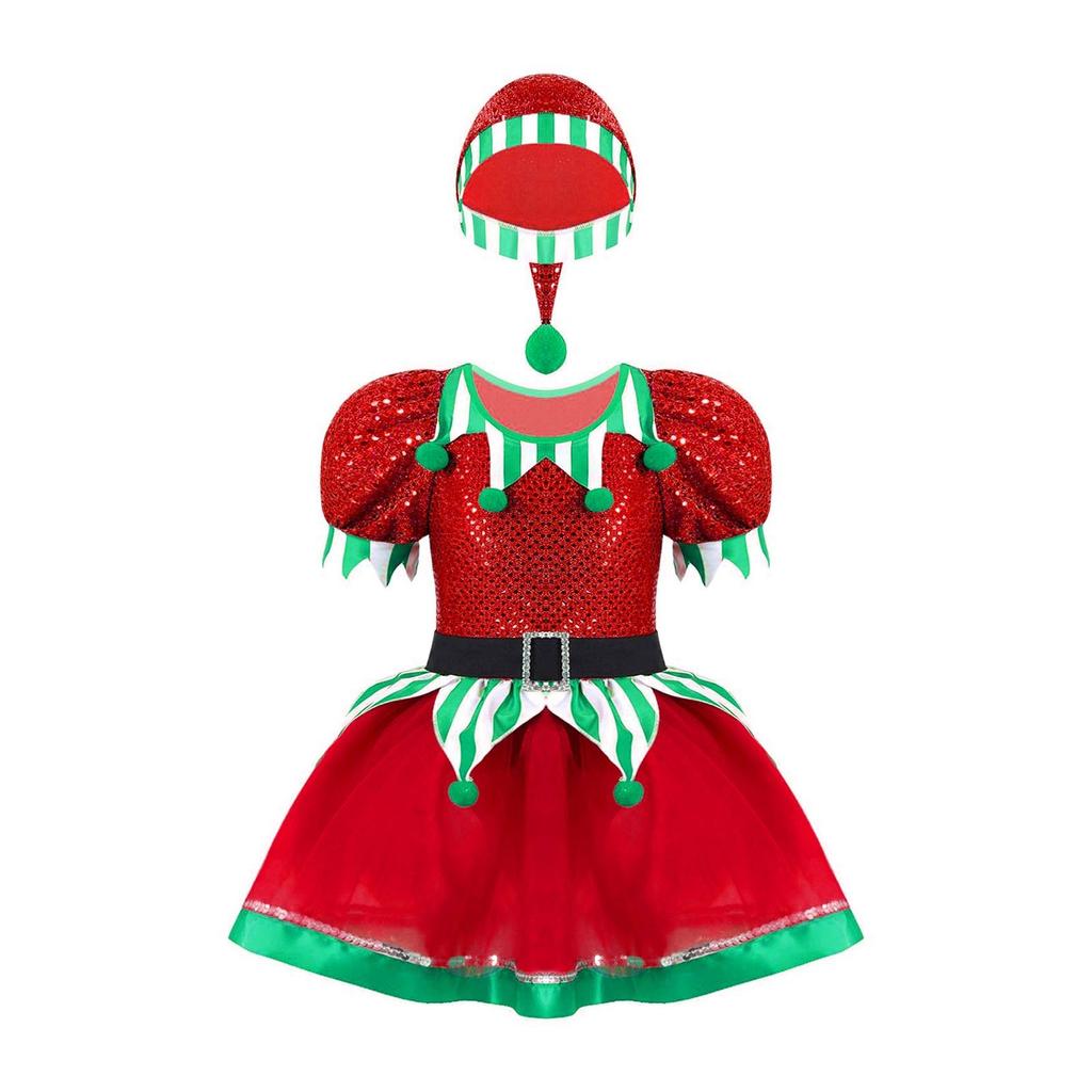 Kids Girls Christmas Holiday Outfit Santa's Elf Cosplay Costume Xmas Fancy Dress with Hat