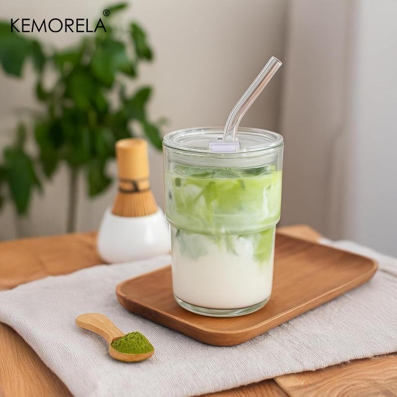 Glass Tumbler with Straw, Thick Wall Reble Cup & Leak Proof Lid for Iced Coffee Bubble Tea, 1/2 Pcs Cold Drink Ware Set