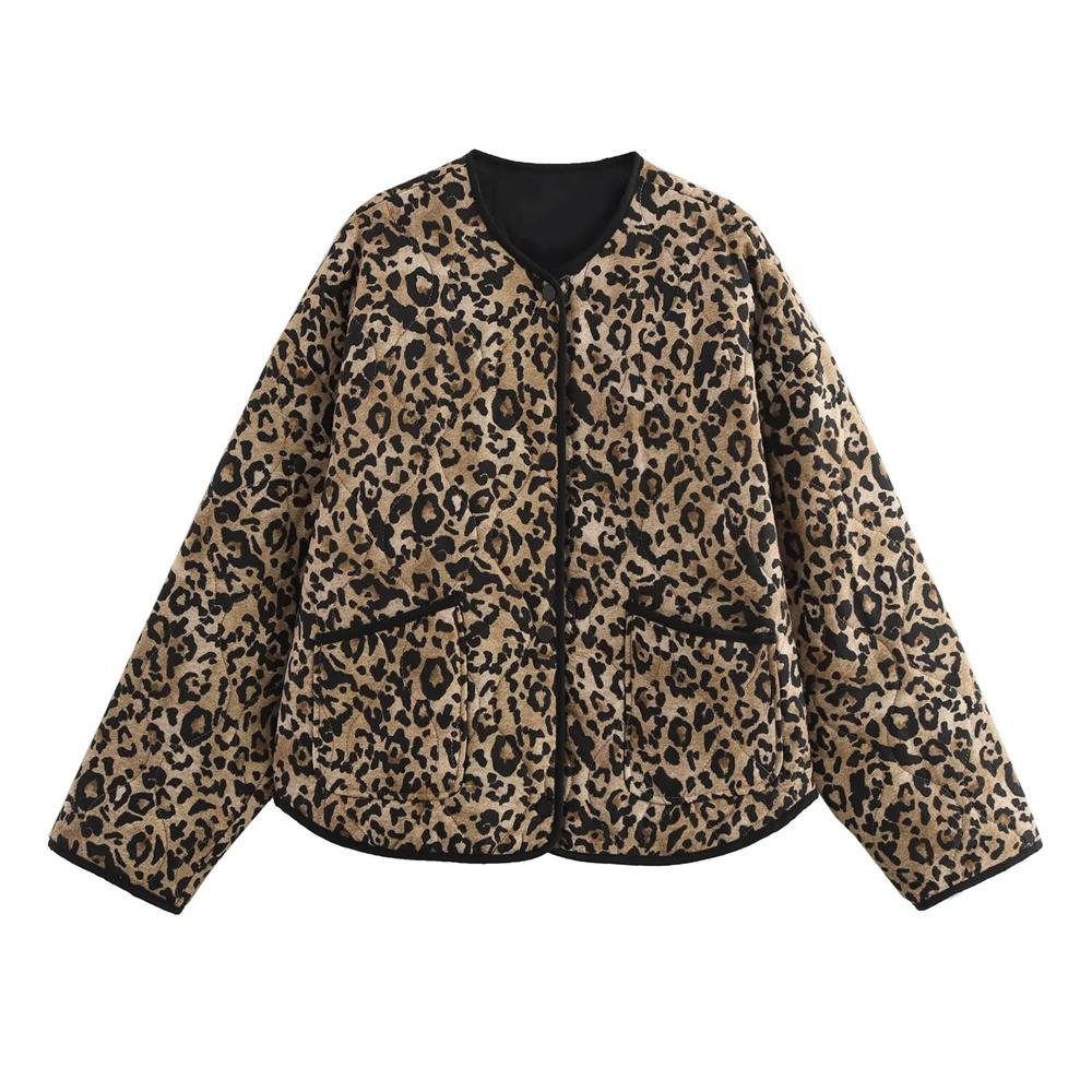 Autumn New Women's Fashion Animal Print Round Neck Long Sleeve Single-breasted Cotton Jacket Coat