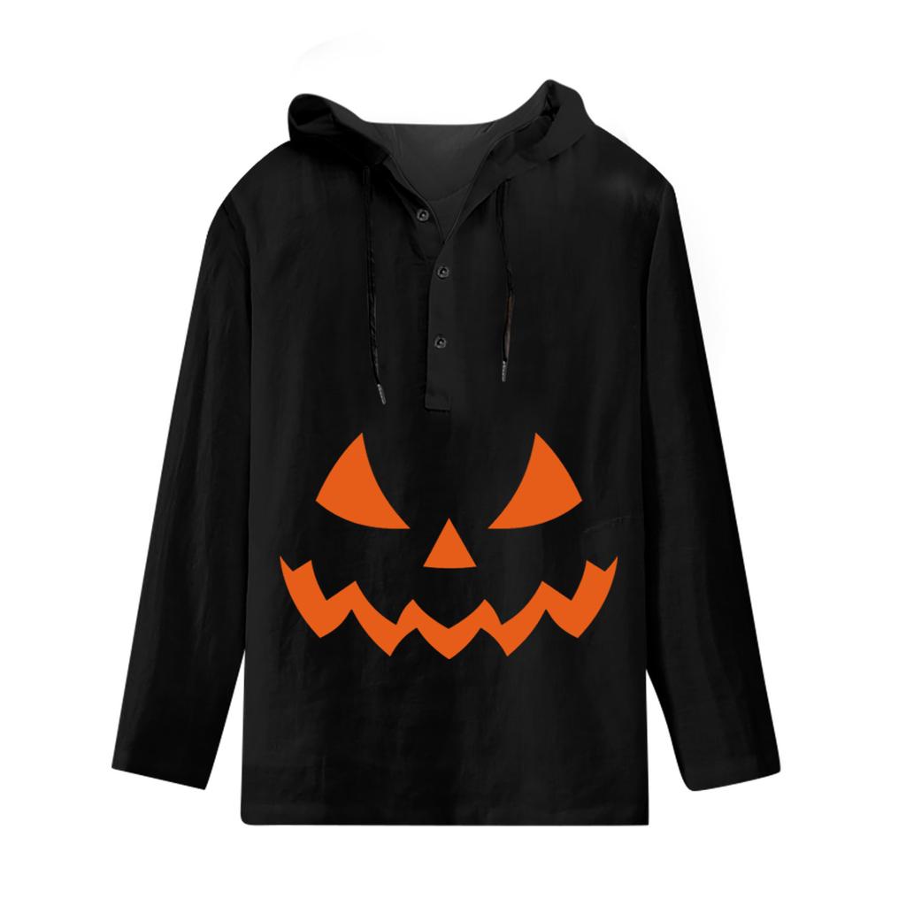 Halloween Printed Hooded Men's Oversized Drawstring Button Hoodie