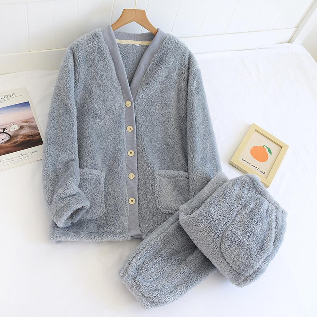 Ladies' Casual And Comfortable V-neck Warm And Plush Home Clothes Cardigan Sleepwear And Pants Set