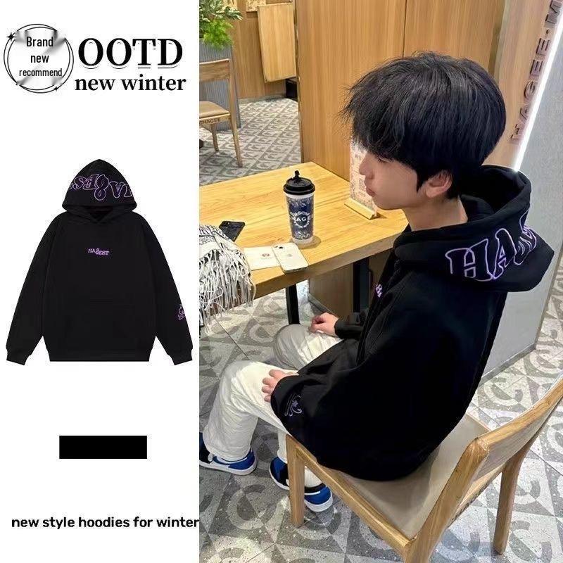 Cross-Border American Rapper Style 351-400g Flame Embroidery Men's Heavyweight Pure Cotton Hoodie