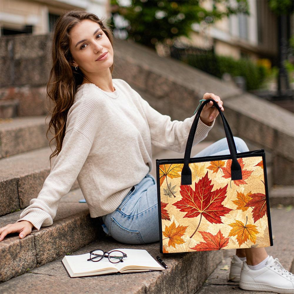Autumn Maple Leaf Print Daily Tote Bag Fashion Casual Portable Shoulder Bag for Shopping Travel Commute