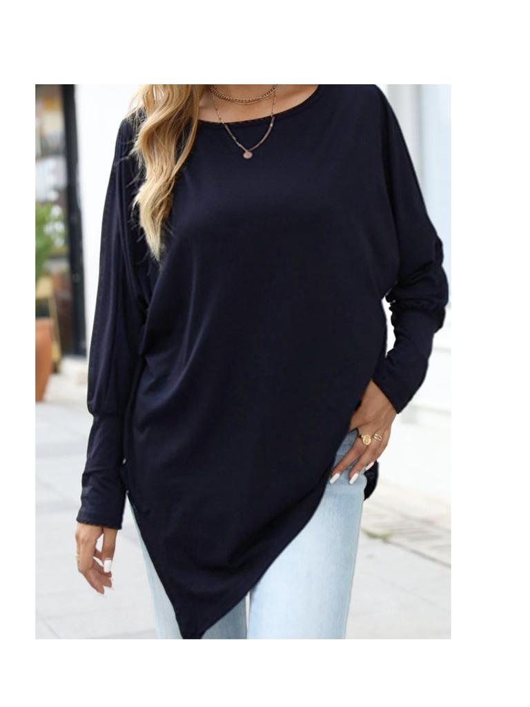 Women's Oversize Long-Sleeve Spring/Fall Asymmetrical Hem T-Shirt