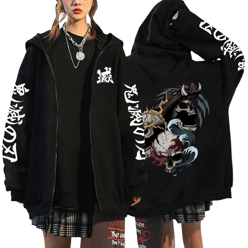 Women's Japanese Retro High Quality Hoodie Harajuku Anime Demon Slayer Printed Zipper Sweatshirt Outerwear Spring Loose Jacket