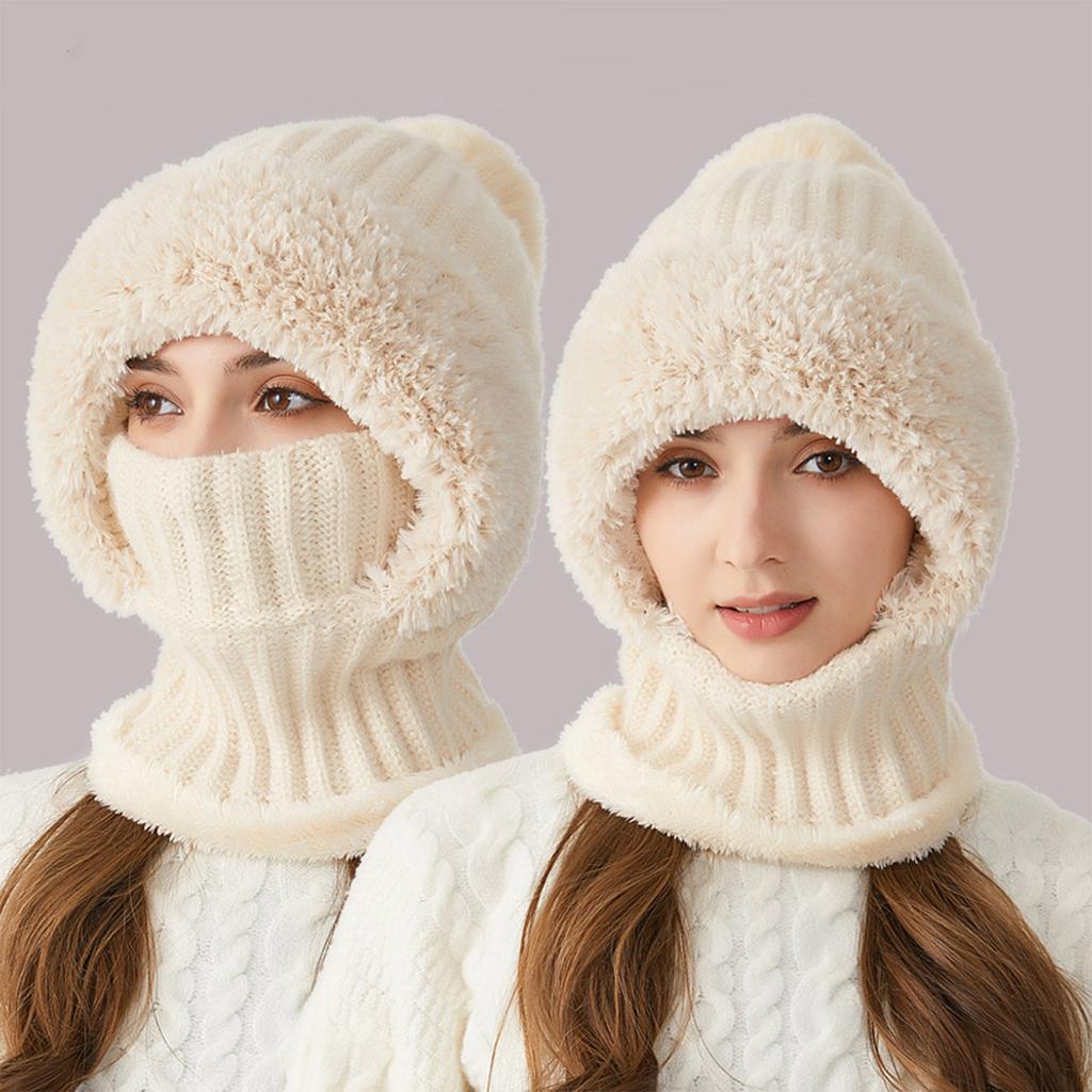 Flannelette Lined Winter Hats Knitted Hat With Ear Protectors Scarf Mask Set Warm Soft Cap For Women