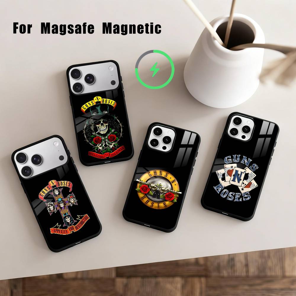 Band G-Guns-S N R-Roses Phone Case For iPhone17,16,15,14,13,12,11 Plus,For Magnetic Wireless Charge Cover