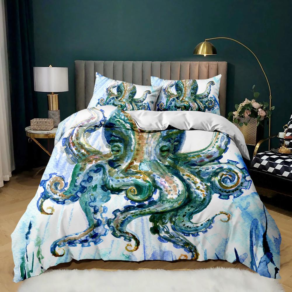 Cartoon Octopus Duvet Cover Set King Queen Size Sea Animal Bedding Set Red Blue 3D Print Microfiber Polyester Comforter Cover