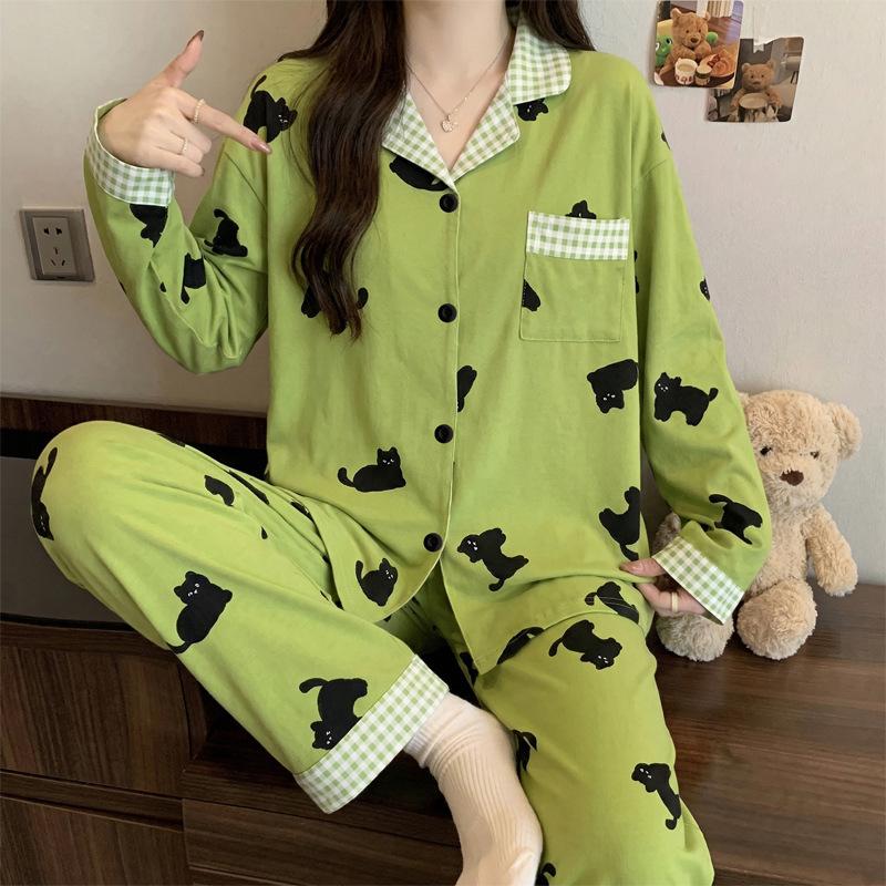 High-value simple striped puppy ins imitation cotton lapel cardigan spring new long-sleeved pajamas women's suit