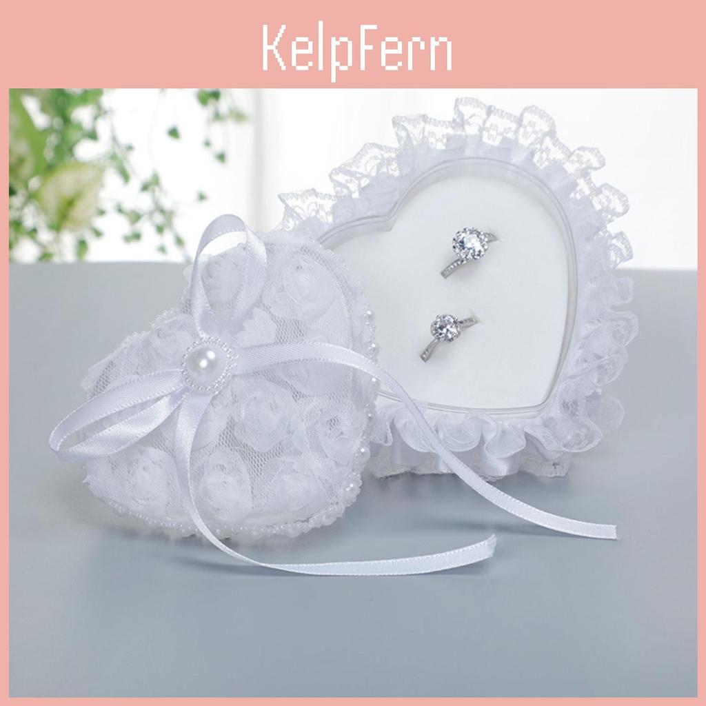 Ring Heart Wedding Pillow Box White Romantic Lace Pearl Ring Box Holder With Ribbon For Wedding Ceremony Ring Bearer