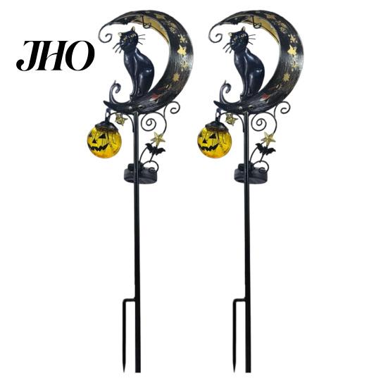 Hanging Pumpkin Halloween Decor Solar Garden Stake Light, Metal Black Cat & Moon Waterproof Crescent Pathway Lights Decorations for Lawn Patio