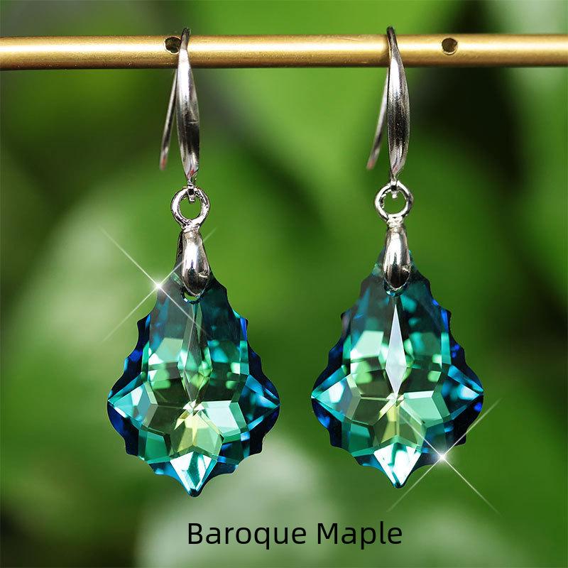 Ladies' Blue Baroque Leaf Earrings with S925 Silver Needle & Austrian Crystals